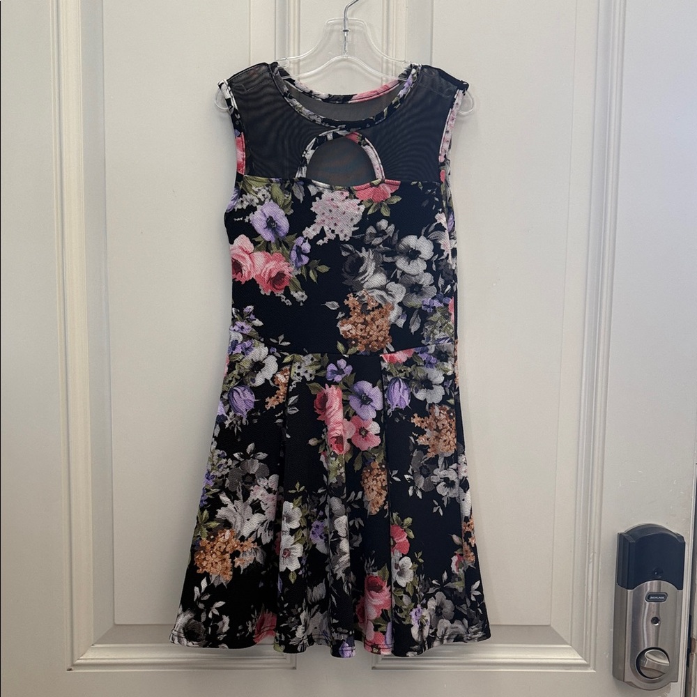 Girls' Black Floral A-Line Dress with Mesh Yoke
